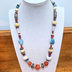 Boho Bead Necklace Quartz/Carnelian/Ceramic Stones